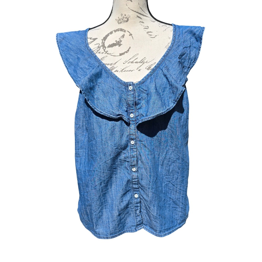 Old Navy -1650‎ Women's Medium Blue Denim Ruffle Cap Sleeve Button Up Shirt Top